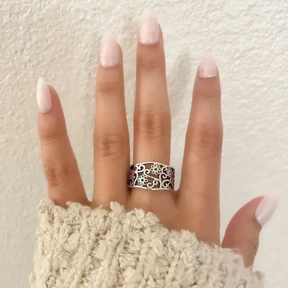 925 Sterling Silver Flower Ring Flower Cutout Ring Vintage Floral Ring Resizable